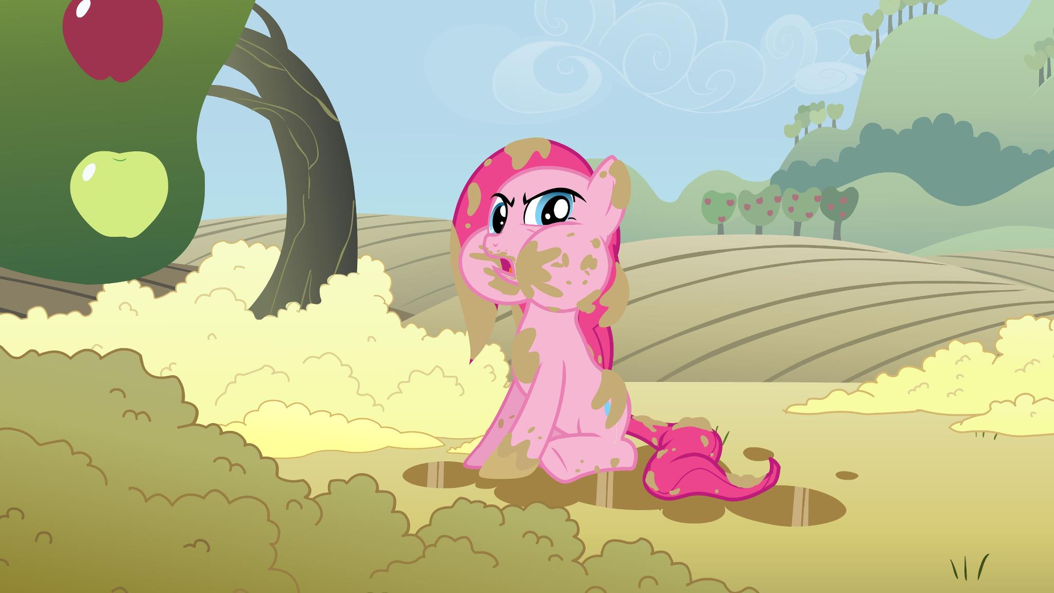 Pinkie Pie is in a puddle of chocolate milk.