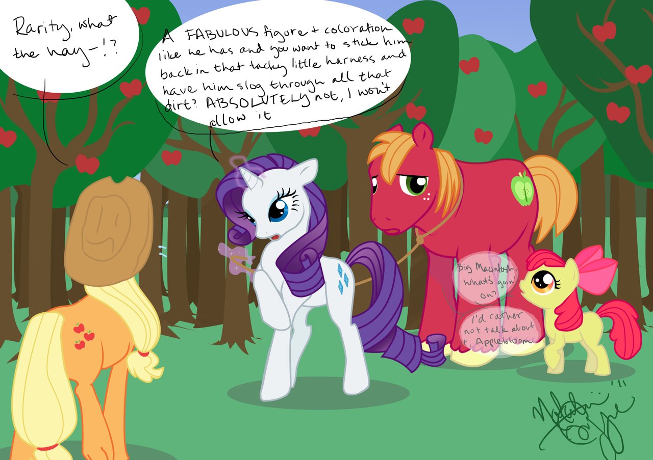 Applejack and Apple Bloom comment as Rarity leads around Big Macintosh