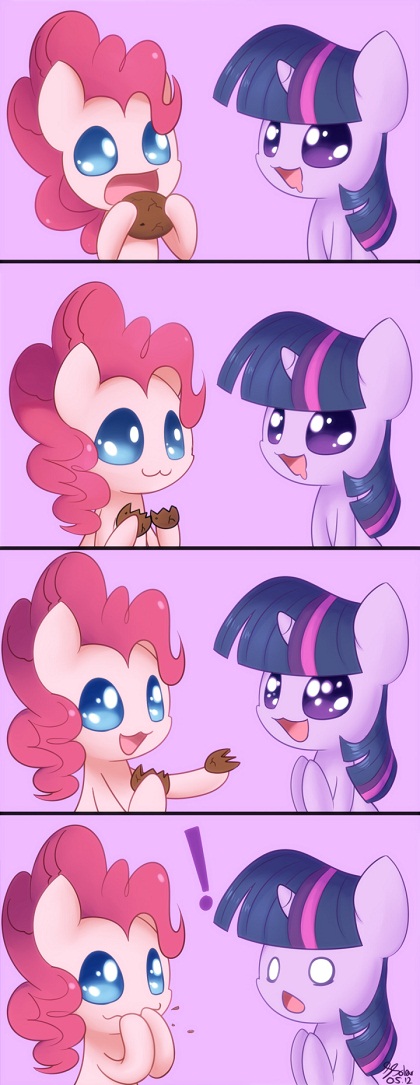 Pinkie Pie splits cookie to share with Twilight Sparkle, but eats both halves herself
