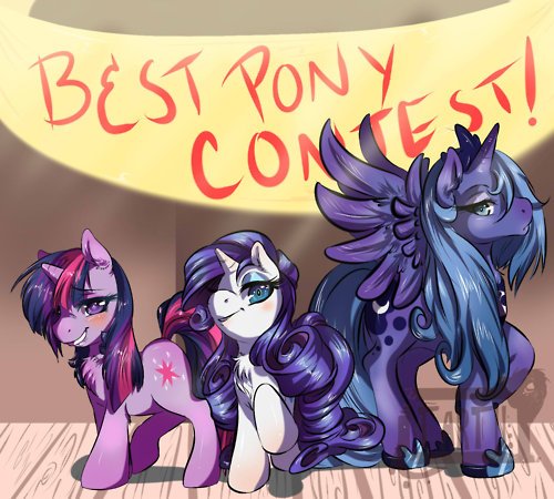 Princess Luna, Rarity and Twilight Sparkle in competition for best pony