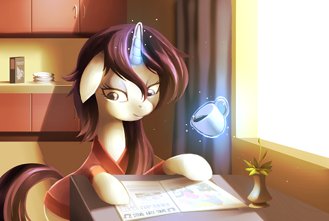Rarity is reading the Foal Free Press in the morning