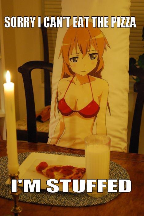 With Asuka Shikinami Langley from Evangelion, a pillow apologizes for its inability to ingest your food