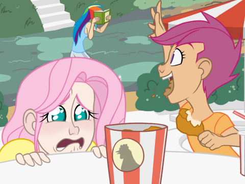 Human Fluttershy and Scootaloo, doing something. Something involving chickens?