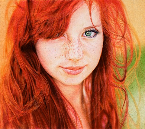 Redhead Girl - Ballpoint Pen on paper, Reference photo by Russian photographer