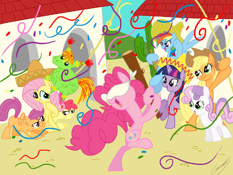 Cast of My Little Pony: Friendship is Magic beats one of their kind in effigy, a pinata.